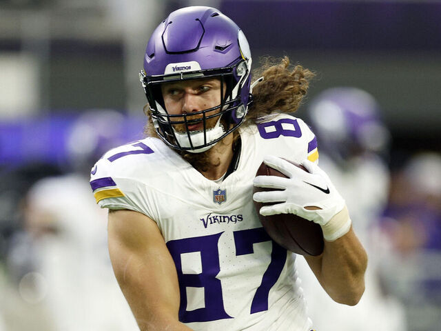 MINNEAPOLIS, MINNESOTA - DECEMBER 24: T.J. Hockenson #87 of the Minnesota Vikings warms up prior to the game against the Detroit Lions at U.S. Bank Stadium on December 24, 2023 in Minneapolis, Minnesota.