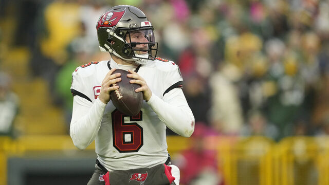 GREEN BAY, WISCONSIN - DECEMBER 17: Baker Mayfield #6 of the Tampa Bay Buccaneers looks to throw a pass during the second half against the Green Bay Packers at Lambeau Field on December 17, 2023 in Green Bay, Wisconsin.
