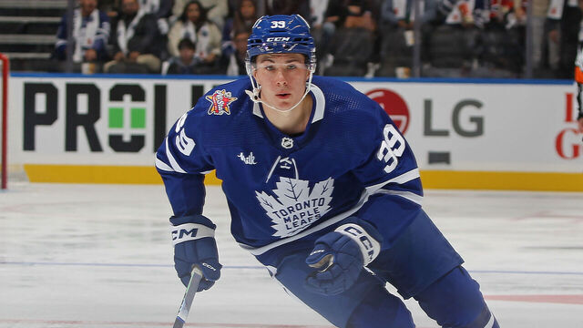 TORONTO, CANADA - OCTOBER 11: Fraser Minten #39 of the Toronto Maple Leafs skates in hios 1st NHL game against the Montreal Canadiens during the 2nd period at Scotiabank Arena on October 11, 2023 in Toronto, Ontario, Canada. The Maple Leafs defeated the Canadiens 6-5 in a shootout.