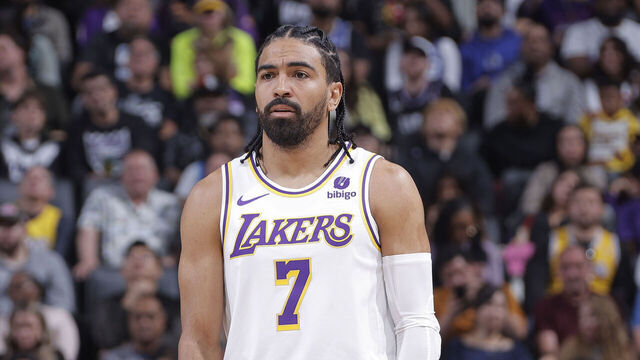 SACRAMENTO, CA - OCTOBER 29: Gabe Vincent #7 of the Los Angeles Lakers looks on during the game against the Sacramento Kings on October 29, 2023 at Golden 1 Center in Sacramento, California. NOTE TO USER: User expressly acknowledges and agrees that, by downloading and or using this photograph, User is consenting to the terms and conditions of the Getty Images Agreement. Mandatory Copyright Notice: Copyright 2023 NBAE
