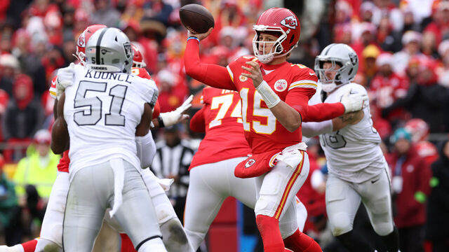 KANSAS CITY, MISSOURI - DECEMBER 25: Patrick Mahomes #15 of the Kansas City Chiefs throws a pass during the first quarter against the Kansas City Chiefs at GEHA Field at Arrowhead Stadium on December 25, 2023 in Kansas City, Missouri.