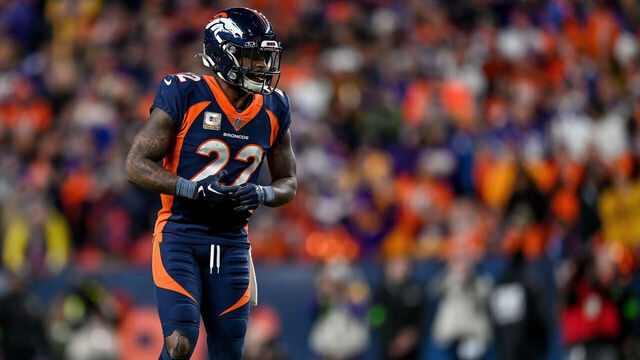 DENVER, COLORADO - NOVEMBER 19: Kareem Jackson #22 of the Denver Broncos lines up on defense in the fourth quarter against the Minnesota Vikings at Empower Field at Mile High on November 19, 2023 in Denver, Colorado.