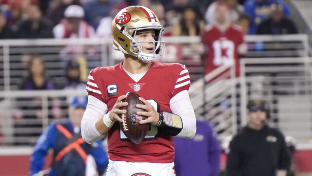 SANTA CLARA, CALIFORNIA - DECEMBER 25: Brock Purdy #13 of the San Francisco 49ers attempts a pass against the Baltimore Ravens during the third quarter at Levi's Stadium on December 25, 2023 in Santa Clara, California.