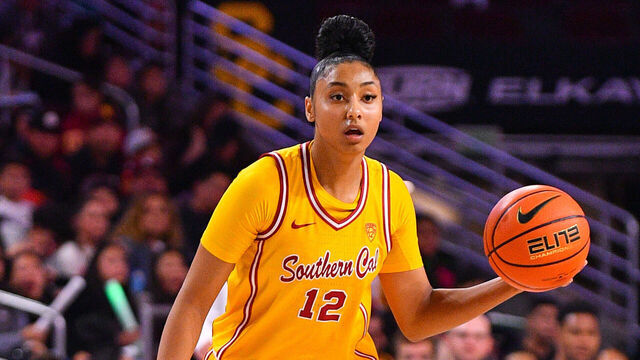 LOS ANGELES, CA - DECEMBER 10: USC Trojans guard JuJu Watkins (12) looks to make a pass during the women's college basketball game between the UC Riverside Highlanders and the USC Trojans on December 10, 2023 at Galen Center in Los Angeles, CA.