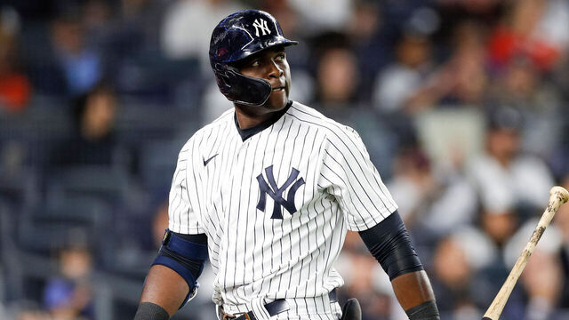 BRONX, NY - SEPTEMBER 22: New York Yankees right fielder Estevan Florial (90) reacts after a strike out in the first inning during a regular season game between the Arizona Diamondbacks and New York Yankees on September 22, 2023 at Yankee Stadium in the Bronx, New York.