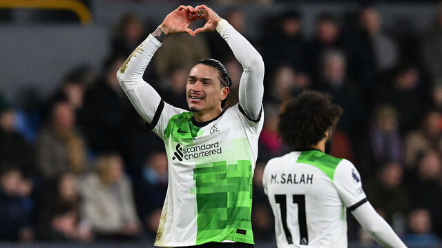BURNLEY, ENGLAND - DECEMBER 26: (THE SUN OUT. THE SUN ON SUNDAY OUT) Darwin Nunez of Liverpool celebrates after scoring the opening goal during the Premier League match between Burnley FC and Liverpool FC at Turf Moor on December 26, 2023 in Burnley, England.