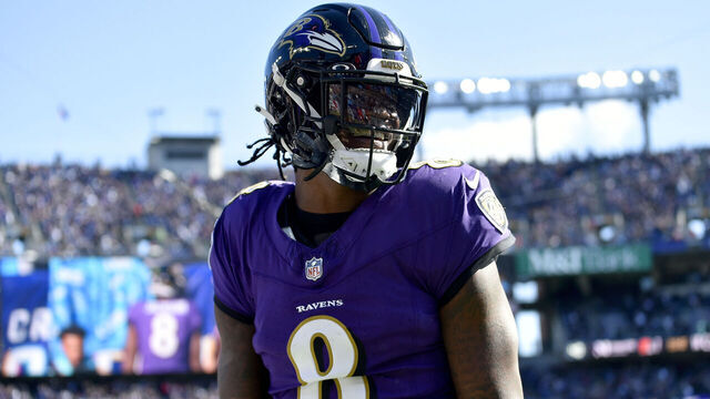 BALTIMORE, MD - OCTOBER 22: Ravens quarterback Lamar Jackson (8) smiles and celebrates after his second quarter touchdown during the Detroit Lions versus Baltimore Ravens NFL game at M&T Bank Stadium on October 22, 2023 in Baltimore, MD.