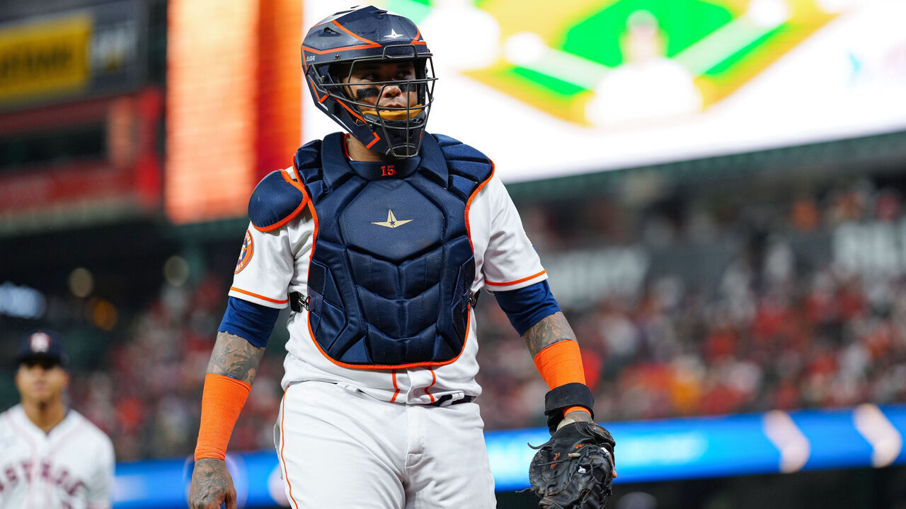 HOUSTON, TX - OCTOBER 23: Martin Maldonado #15 of the Houston Astros returns to the dugout prior to Game 7 of the ALCS between the Texas Rangers and the Houston Astros at Minute Maid Park on Monday, October 23, 2023 in Houston, Texas.