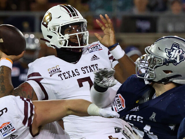 DALLAS, TEXAS - DECEMBER 26: Quarterback TJ Finley #7 of the Texas State Bobcats passes the ball in the first quarter against the Rice Owls at the SERVPRO First Responder Bowl at Gerald J. Ford Stadium on December 26, 2023 in Dallas, Texas.