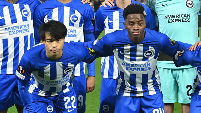 (L-R back row) Brighton's Brazilian defender #03 Igor Julio, Brighton's Brazilian striker #09 Joao Pedro, Brighton's English midfielder #41 Jack Hinshelwood, Brighton's English goalkeeper #23 Jason Steele, Brighton's English defender #05 Lewis Dunk and Brighton's Dutch defender #29 Jan Paul van Hecke, (L-R front row) Brighton's Japanese midfielder #22 Kaoru Mitoma, Brighton's Ivorian midfielder #24 Simon Adingra, Brighton's Scottish midfielder #11 Billy Gilmour, Brighton's German midfielder #13 Pascal Gross and Brighton's Argentinian midfielder #40 Facundo Buonanotte pose for a team photo ahead of the UEFA Europa League Group B football match between Brighton and Hove Albion and Marseille at the American Express Community Stadium in Brighton, southern England on December 14, 2023.