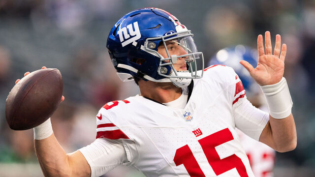 PHILADELPHIA, PENNSYLVANIA - DECEMBER 25: Tommy DeVito #15 of the New York Giants warms up prior to the game against the Philadelphia Eagles at Lincoln Financial Field on December 25, 2023 in Philadelphia, Pennsylvania.