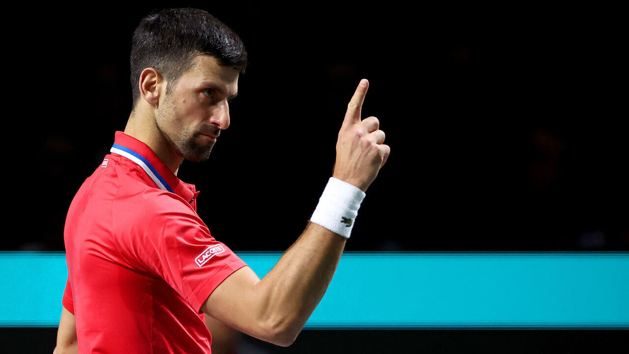 Novak Djokovic of Serbia reacts during the Semi-Final match against Italy in the Davis Cup Final at Palacio de Deportes Jose Maria Martin Carpena on November 25, 2023 in Malaga, Spain.