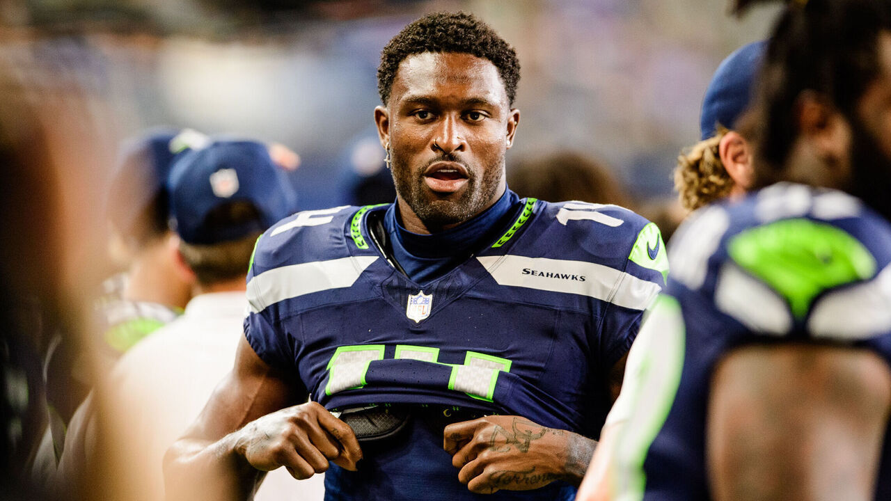 SEATTLE, WASHINGTON - AUGUST 10: DK Metcalf #14 of the Seattle Seahawks looks on during the second half of the preseason game against the Minnesota Vikings at Lumen Field on August 10, 2023 in Seattle, Washington.