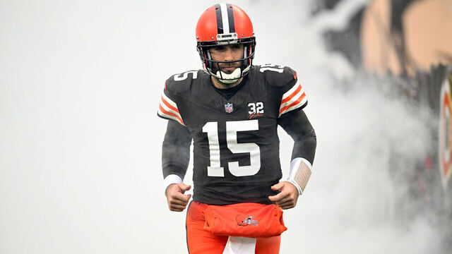 CLEVELAND, OHIO - DECEMBER 17: Joe Flacco #15 of the Cleveland Browns is introduced prior to a game against the Chicago Bears at Cleveland Browns Stadium on December 17, 2023 in Cleveland, Ohio.