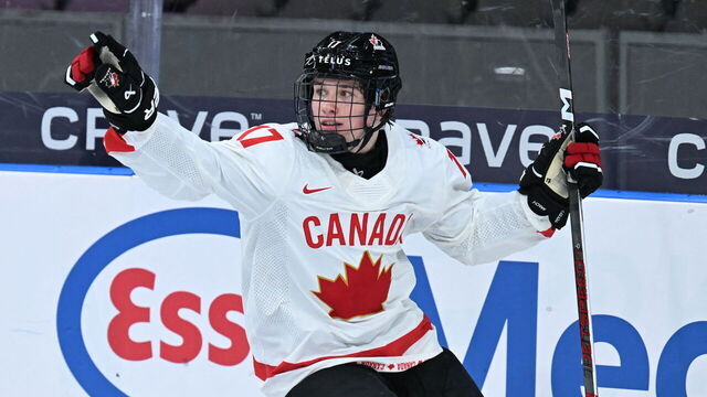 Canada's forward Macklin Celebrini celebrates scoring the 0-5 goal during the Group A ice hockey match between Latvia and Canada of the IIHF World Junior Championship in Gothenburg, Sweden on December 27, 2023.
