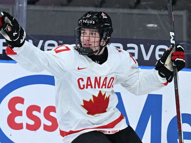 Canada's forward Macklin Celebrini celebrates scoring the 0-5 goal during the Group A ice hockey match between Latvia and Canada of the IIHF World Junior Championship in Gothenburg, Sweden on December 27, 2023.