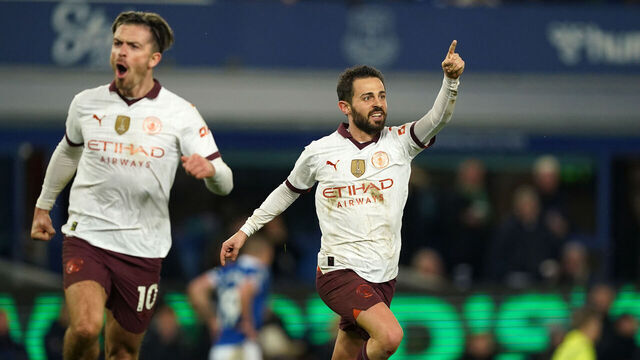 Manchester City's Bernardo Silva celebrates scoring their side's third goal of the game during the Premier League match at Goodison Park, Liverpool. Picture date: Wednesday December 27, 2023.