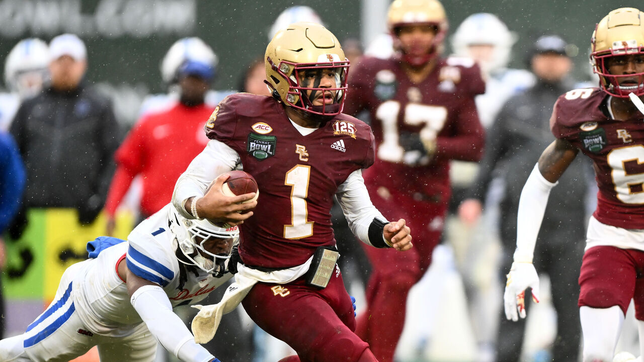 BOSTON, MASSACHUSETTS - DECEMBER 28: Thomas Castellanos #1 of the Boston College Eagles runs against the Southern Methodist Mustangs during the first half of the 2023 Wasabi Fenway Bowl football game at Fenway Park on December 28, 2023 in Boston, Massachusetts.