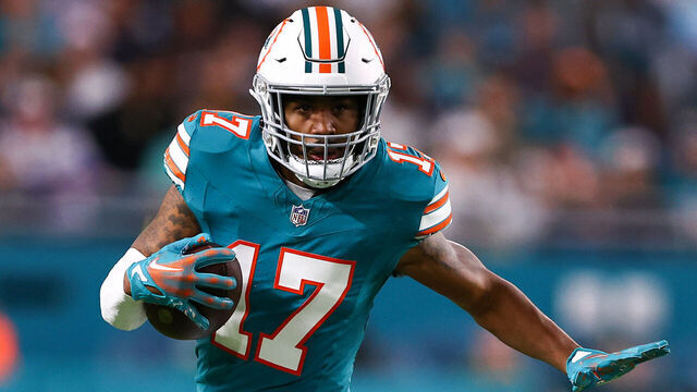 MIAMI GARDENS, FLORIDA - DECEMBER 24: Jaylen Waddle #17 of the Miami Dolphins runs the ball during the fourth quarter in the game against the Dallas Cowboys at Hard Rock Stadium on December 24, 2023 in Miami Gardens, Florida.