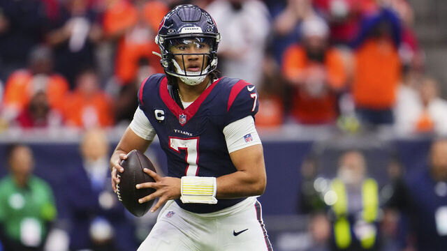 HOUSTON, TX - DECEMBER 03: C.J. Stroud #7 of the Houston Texans drops back to pass against the Denver Broncos during the second half at NRG Stadium on December 3, 2023 in Houston, Texas.