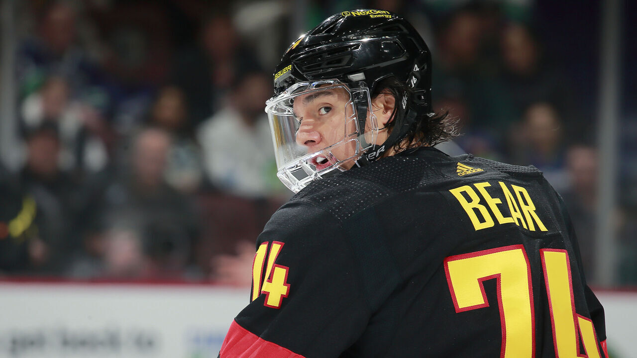 VANCOUVER, CANADA - MARCH 21: Ethan Bear #74 of the Vancouver Canucks skates up ice during their NHL game against the Vegas Golden Knights at Rogers Arena March 21, 2023 in Vancouver, British Columbia, Canada.