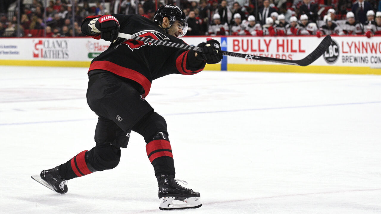RALEIGH, NC - JANUARY 10: Carolina Hurricanes Left Wing Max Pacioretty (67) takes a shot on goal during the game between the New Jersey Devils and the Carolina Hurricanes on January 10, 2023 at PNC Arena in Raleigh, North Carolina.