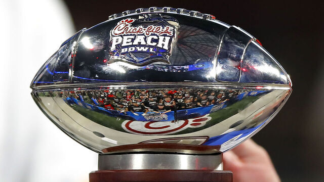 ATLANTA, GA - JANUARY 01: The Peach Bowl trophy on the stand after the Chick-fil-A Peach Bowl against the Cincinnati Bearcats at Mercedes-Benz Stadium on January 1, 2021 in Atlanta, Georgia.