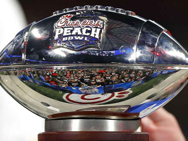 ATLANTA, GA - JANUARY 01: The Peach Bowl trophy on the stand after the Chick-fil-A Peach Bowl against the Cincinnati Bearcats at Mercedes-Benz Stadium on January 1, 2021 in Atlanta, Georgia.