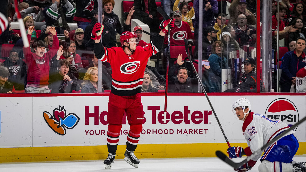 RALEIGH, NORTH CAROLINA - DECEMBER 28: Andrei Svechnikov #37 of the Carolina Hurricanes celebrates after a goal during the third period against the Montreal Canadiens at PNC Arena on December 28, 2023 in Raleigh, North Carolina.