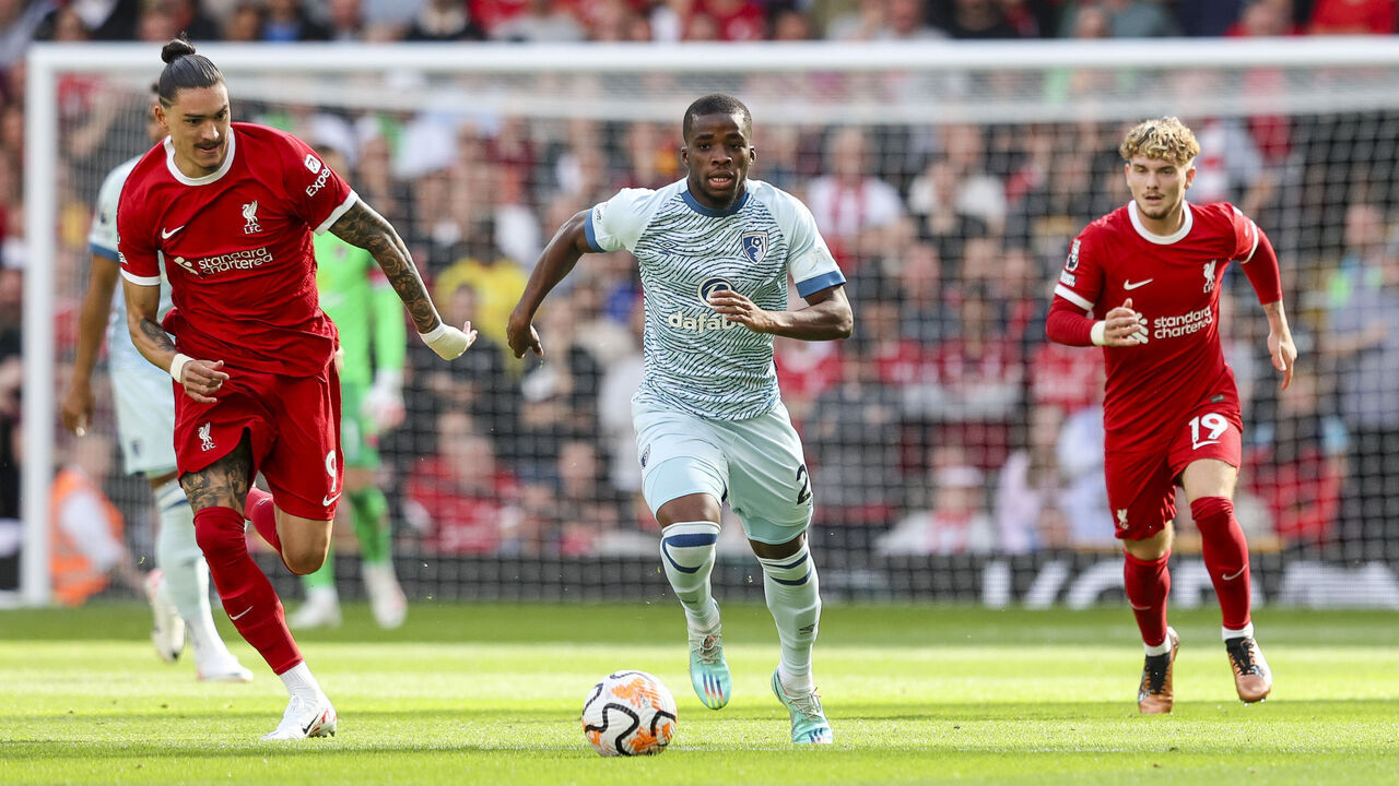 LIVERPOOL, ENGLAND - AUGUST 19: Hamed Traore of Bournemouth gets in between Darwin Núñez and Harvey Elliott of Liverpool during the Premier League match between Liverpool FC and AFC Bournemouth at Anfield on August 19, 2023 in Liverpool, England.