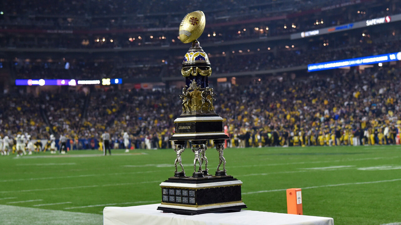 GLENDALE, ARIZONA - DECEMBER 31: The Vrbo Fiesta Bowl trophy is seen during the second half of the Vrbo Fiesta Bowl college football playoff semifinal game between the Michigan Wolverines and the TCU Horned Frogs at State Farm Stadium on December 31, 2022 in Glendale, Arizona. The TCU Horned Frogs won the game 51-45 over the Michigan Wolverines