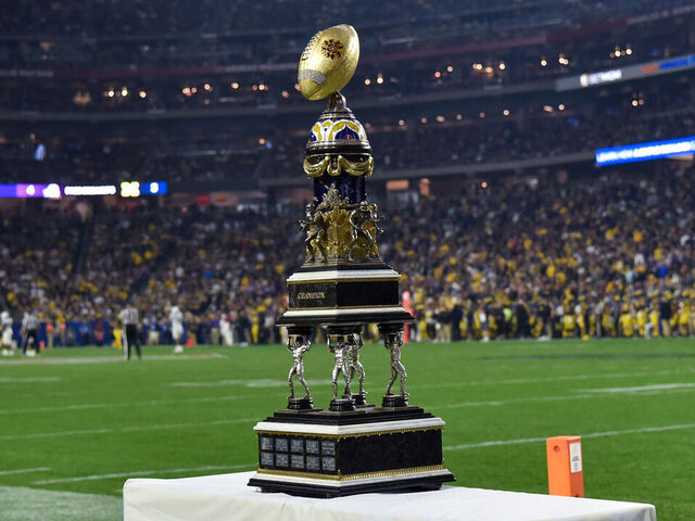 GLENDALE, ARIZONA - DECEMBER 31: The Vrbo Fiesta Bowl trophy is seen during the second half of the Vrbo Fiesta Bowl college football playoff semifinal game between the Michigan Wolverines and the TCU Horned Frogs at State Farm Stadium on December 31, 2022 in Glendale, Arizona. The TCU Horned Frogs won the game 51-45 over the Michigan Wolverines