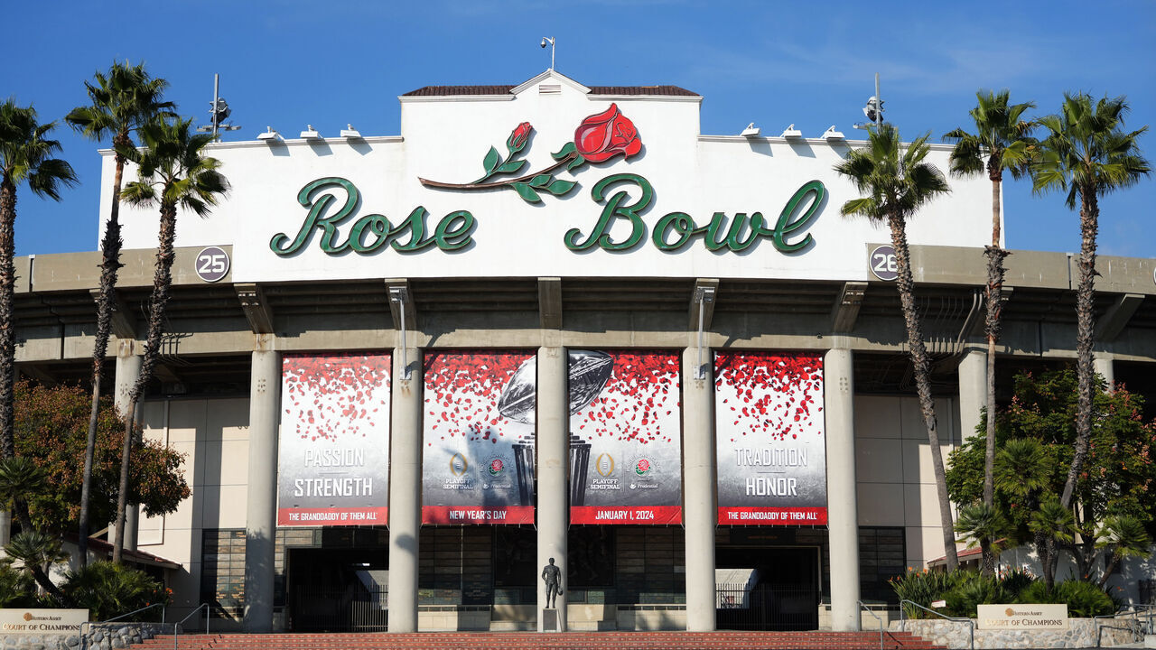 PASADENA, CALIFORNIA - DECEMBER 24: The Rose Bowl Stadium facade prior to the CFP Semifinal between the Alabama Crimson Tide and Michigan Wolverines on December 24, 2023 in Pasadena, California.