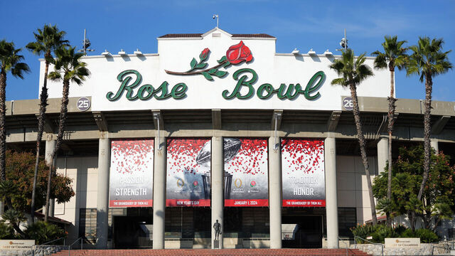 PASADENA, CALIFORNIA - DECEMBER 24: The Rose Bowl Stadium facade prior to the CFP Semifinal between the Alabama Crimson Tide and Michigan Wolverines on December 24, 2023 in Pasadena, California.