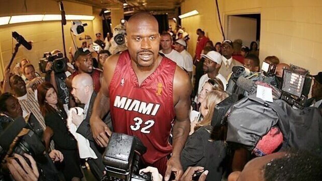 UNITED STATES - JUNE 20: Basketball: NBA Finals, Miami Heat Shaquille O'Neal (32) victorious surrounded by media in hallway after winning Game 6 and championship vs Dallas Mavericks, Dallas, TX 6/20/2006