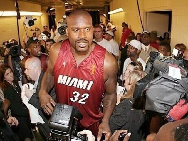 UNITED STATES - JUNE 20: Basketball: NBA Finals, Miami Heat Shaquille O'Neal (32) victorious surrounded by media in hallway after winning Game 6 and championship vs Dallas Mavericks, Dallas, TX 6/20/2006