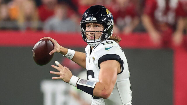 TAMPA, FLORIDA - DECEMBER 24: Trevor Lawrence #16 of the Jacksonville Jaguars scrambles during the second half of the game against the Tampa Bay Buccaneers at Raymond James Stadium on December 24, 2023 in Tampa, Florida.