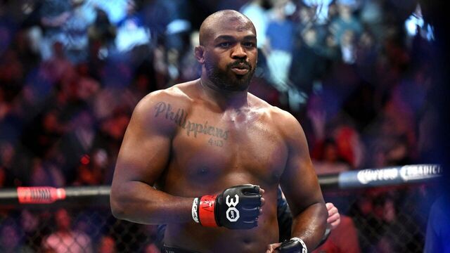 US mixed martial arts fighter Jon Jones celebrates after defeating French mixed martial arts fighter Ciryl Gane during their UFC 285 heavyweight title bout at T-Mobile Arena, in Las Vegas, Nevada, on March 4, 2023.