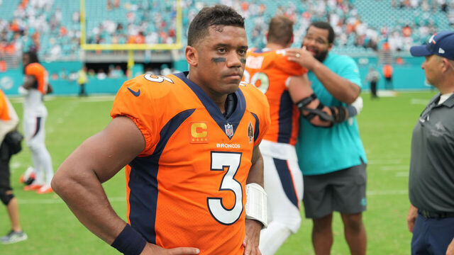 MIAMI GARDENS, FL - SEPTEMBER 24: Denver Broncos quarterback Russell Wilson (3) shows his disappointment following the game between the Denver Broncos and the Miami Dolphins on Sunday, September 24, 2023 at Hard Rock Stadium, Miami, Fla.