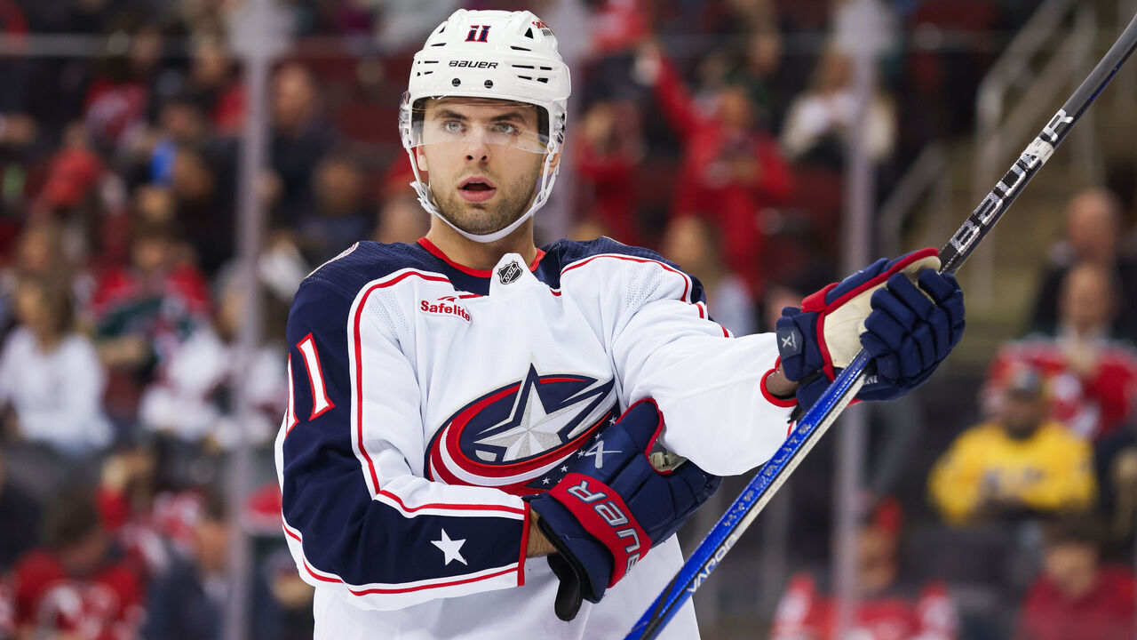NEWARK, NJ - DECEMBER 27: Columbus Blue Jackets center Adam Fantilli (11) looks on during a game between the Columbus Blue Jackets and New Jersey Devils on December 27, 2023 at Prudential Center in the Newark, New Jersey.