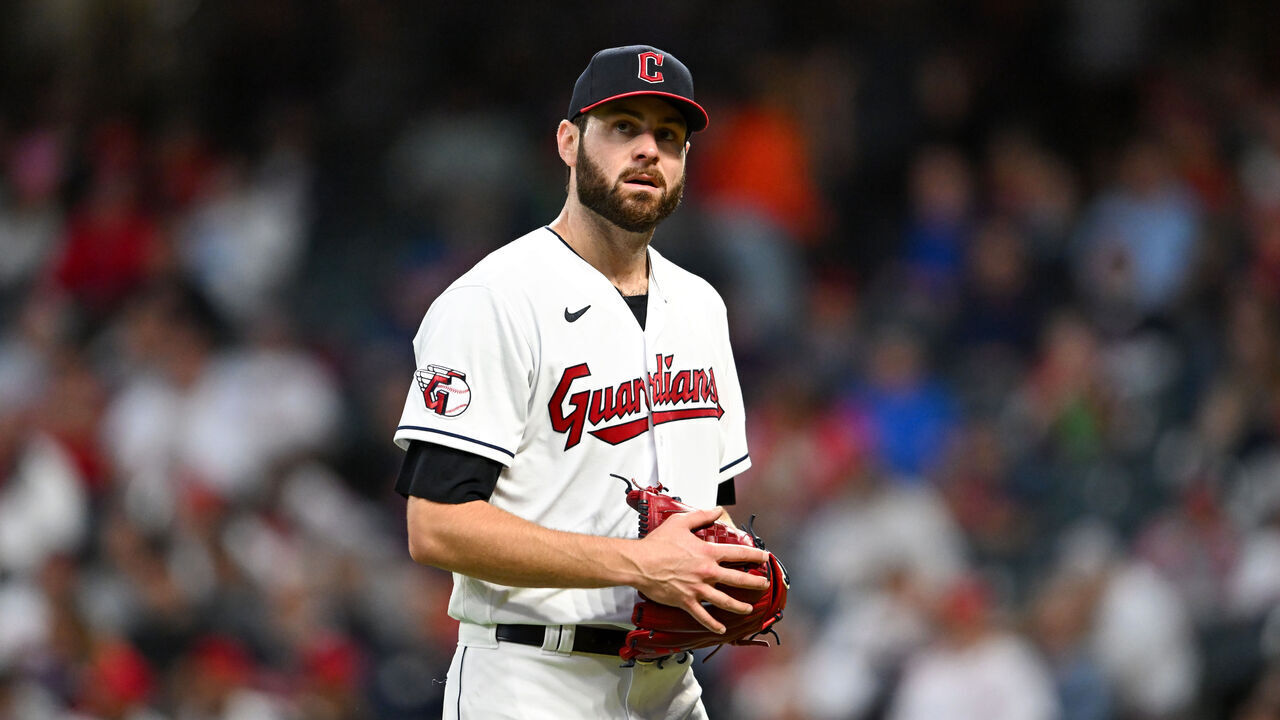 CLEVELAND, OHIO - SEPTEMBER 26, 2023: Lucas Giolito #27 of the Cleveland Guardians exits the game during the fourth inning against the Cincinnati Reds at Progressive Field on September 26, 2023 in Cleveland, Ohio.