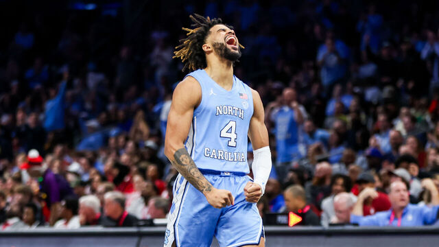 CHARLOTTE, NC - DECEMBER 20: RJ Davis #4 of the North Carolina Tar Heels reacts during the Jumpman Invitational against the Oklahoma Sooners at Spectrum Center on December 20, 2023 in Charlotte, NC.