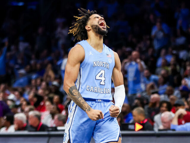 CHARLOTTE, NC - DECEMBER 20: RJ Davis #4 of the North Carolina Tar Heels reacts during the Jumpman Invitational against the Oklahoma Sooners at Spectrum Center on December 20, 2023 in Charlotte, NC.