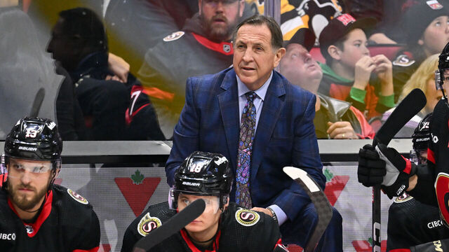 OTTAWA, CANADA - DECEMBER 23: Interim head coach Jacques Martin of the Ottawa Senators handles bench duties during the first period against the Pittsburgh Penguins at Canadian Tire Centre on December 23, 2023 in Ottawa, Ontario, Canada. The Ottawa Senators defeated the Pittsburgh Penguins 5-4 in overtime.