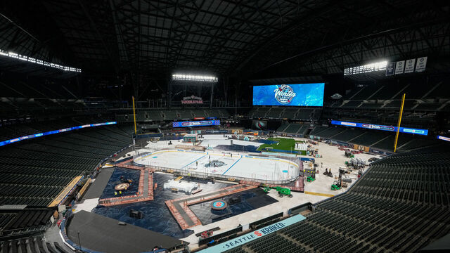 SEATTLE, WASHINGTON - DECEMBER 28: The lines and logos are put down in preparation for the 2024 Discover NHL Winter Classic between the Vegas Golden Knights and Seattle Kraken at T-Mobile Park on December 28, 2023 in Seattle, Washington.