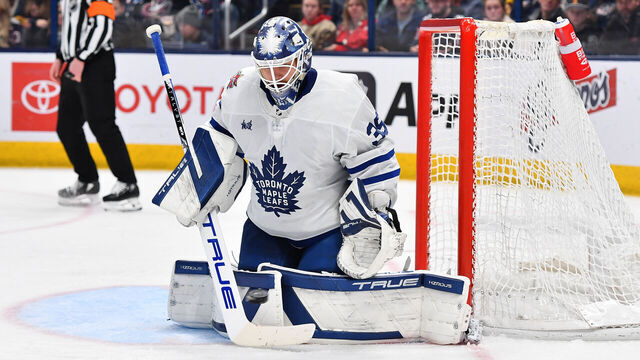 COLUMBUS, OHIO - DECEMBER 29: Goaltender Ilya Samsonov #35 of the Toronto Maple Leafs defends the net during the third period of a game against the Columbus Blue Jackets at Nationwide Arena on December 29, 2023 in Columbus, Ohio.