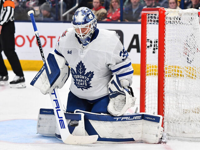 COLUMBUS, OHIO - DECEMBER 29: Goaltender Ilya Samsonov #35 of the Toronto Maple Leafs defends the net during the third period of a game against the Columbus Blue Jackets at Nationwide Arena on December 29, 2023 in Columbus, Ohio.
