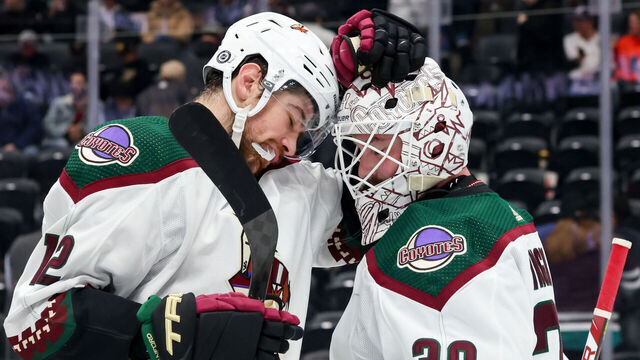 ANAHEIM, CA - DECEMBER 29: Zach Sanford #12 of the Arizona Coyotes and Connor Ingram #39 celebrate their victory against the Anaheim Ducks at Honda Center on December 29, 2023 in Anaheim, California.