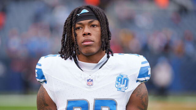CHICAGO, IL - DECEMBER 10: Running back Jahmyr Gibbs #26 of the Detroit Lions looks on prior to an NFL football game against the Chicago Bears at Soldier Field on December 10, 2023 in Chicago, Illinois. The Bears beat the Lions 28-13.