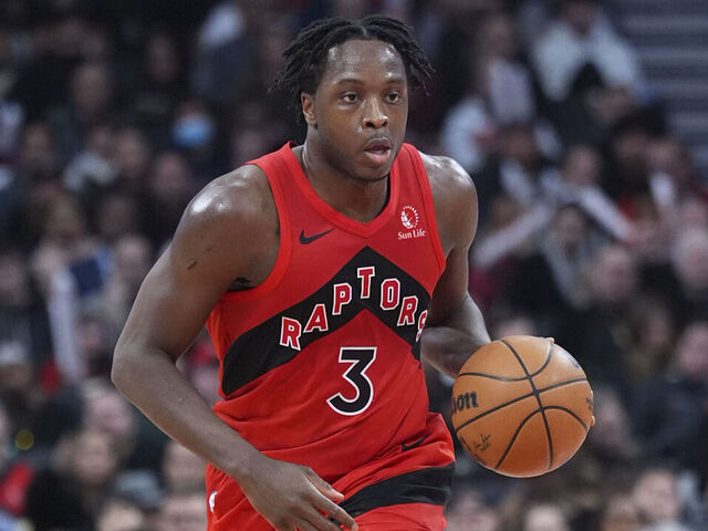 TORONTO, ON - DECEMBER 6: OG Anunoby #3 of the Toronto Raptors dribbles against the Miami Heat during the second half of their basketball game at the Scotiabank Arena on December 6, 2023 in Toronto, Ontario, Canada. NOTE TO USER: User expressly acknowledges and agrees that, by downloading and/or using this Photograph, user is consenting to the terms and conditions of the Getty Images License Agreement.